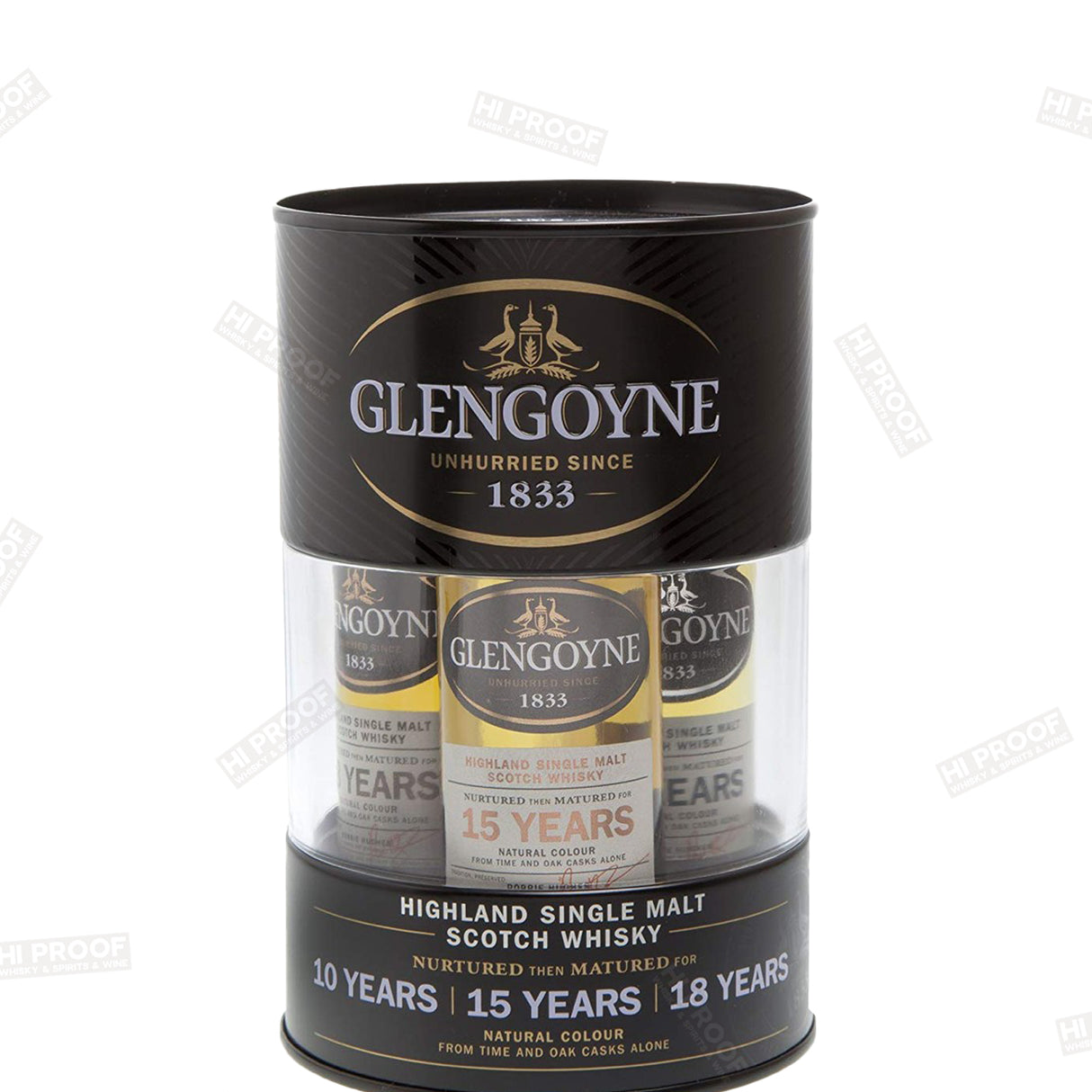 GLENGOYNE TIN PACK MINIATURE 10 YEARS, 15 YEARS, 18 YEARS